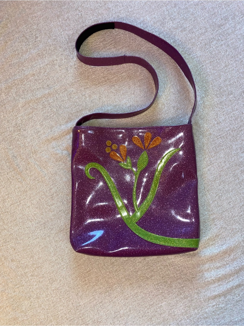 Glittersweet Rare Retro Indie Sparkly Purple Vinyl Floral Crossbody Bag